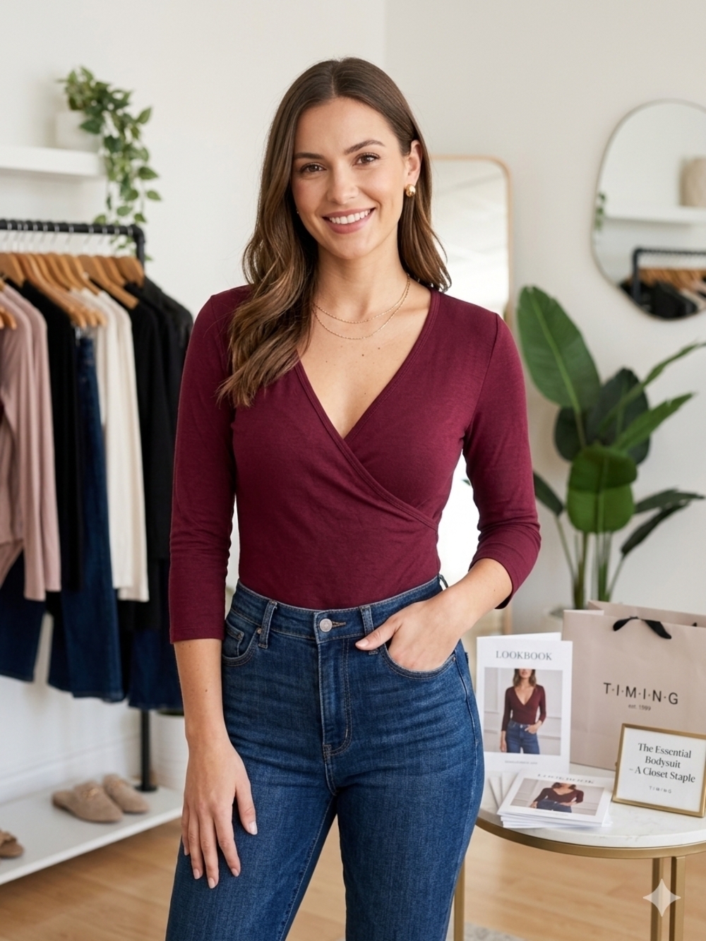 Women's Wrap Front Long Sleeve Bodysuit in Burgundy